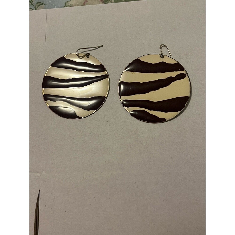 Pair Of Large Round Disc Dangle Earrings Featuring A Blld Zebra Animal Print